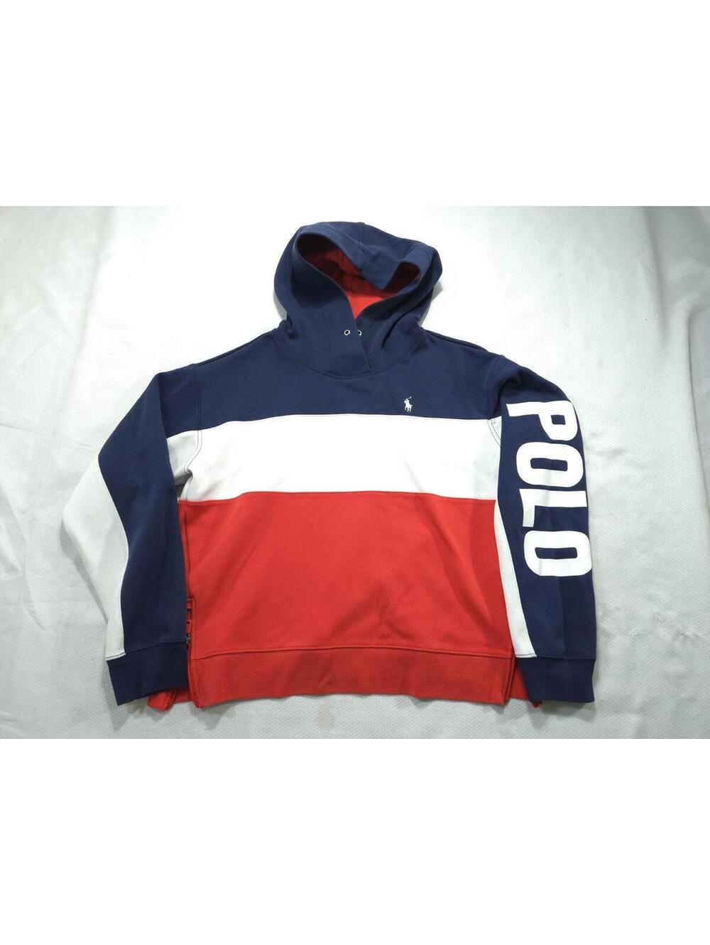 Polo Ralph Lauren Hoodie Womens Large Colorblock Red White Blue Sleeve Spellout